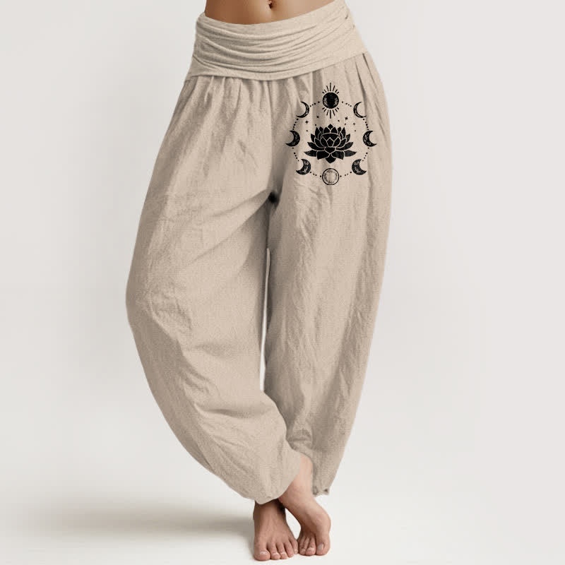 Buddha Stones Damen-Haremshose aus reiner Baumwolle mit Lotus-Mondphasenmuster und elastischem Bund - Bräunen - US16, UK/AU20, EU48 (3XL) - image 11