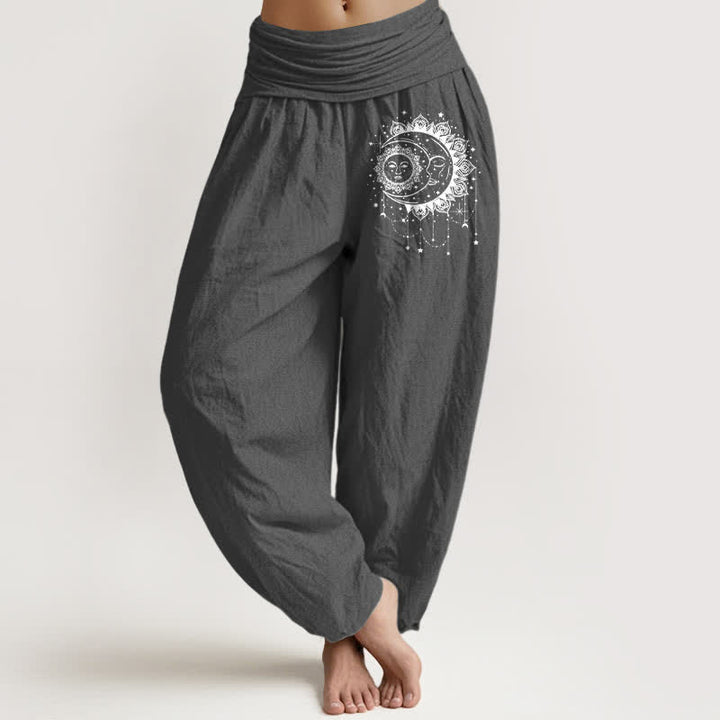 Buddha Stones Haremshose aus reiner Baumwolle mit himmlischem Sonnen- und Mondmuster, elastischer Bund für Damen - DimGray - US16, UK/AU20, EU48 (3XL) - image 0
