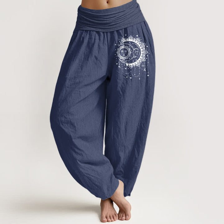 Buddha Stones Haremshose aus reiner Baumwolle mit himmlischem Sonnen- und Mondmuster, elastischer Bund für Damen - Dunkelschieferblau - US16, UK/AU20, EU48 (3XL) - image 8