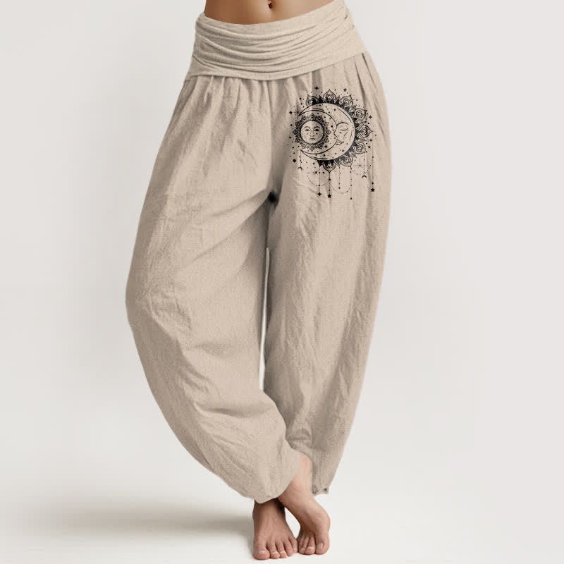 Buddha Stones Haremshose aus reiner Baumwolle mit himmlischem Sonnen- und Mondmuster, elastischer Bund für Damen - Bräunen - US16, UK/AU20, EU48 (3XL) - image 11