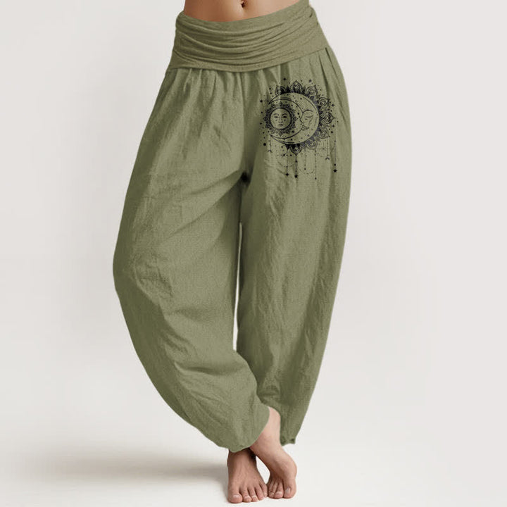Buddha Stones Haremshose aus reiner Baumwolle mit himmlischem Sonnen- und Mondmuster, elastischer Bund für Damen - Olivgrün - US16, UK/AU20, EU48 (3XL) - image 14