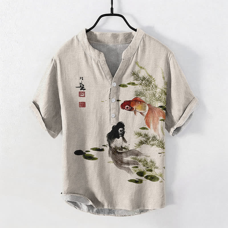Buddha Stones Herrenhemd aus Baumwolle mit zwei Koi- und Lotusblattmuster, Kurzarm, halbe Knopfleiste - Beige - US/UK/AU50, EU60 (5XL) - image 0
