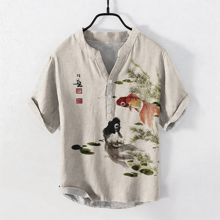 Buddha Stones Herrenhemd aus Baumwolle mit zwei Koi- und Lotusblattmuster, Kurzarm, halbe Knopfleiste - Beige - US/UK/AU50, EU60 (5XL) - image 0