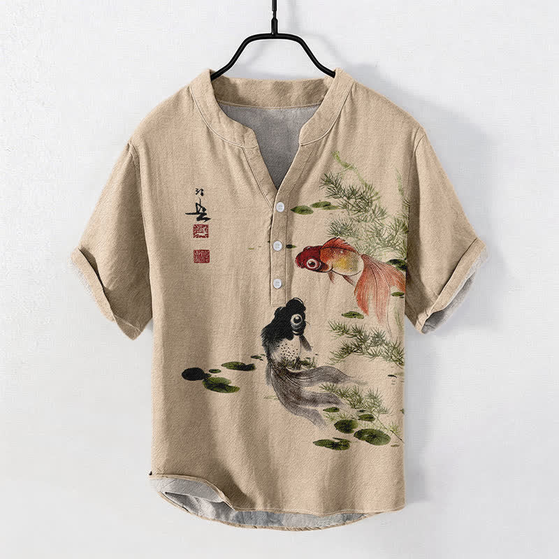 Buddha Stones Herrenhemd aus Baumwolle mit zwei Koi- und Lotusblattmuster, Kurzarm, halbe Knopfleiste - Weizen - US/UK/AU50, EU60 (5XL) - image 3