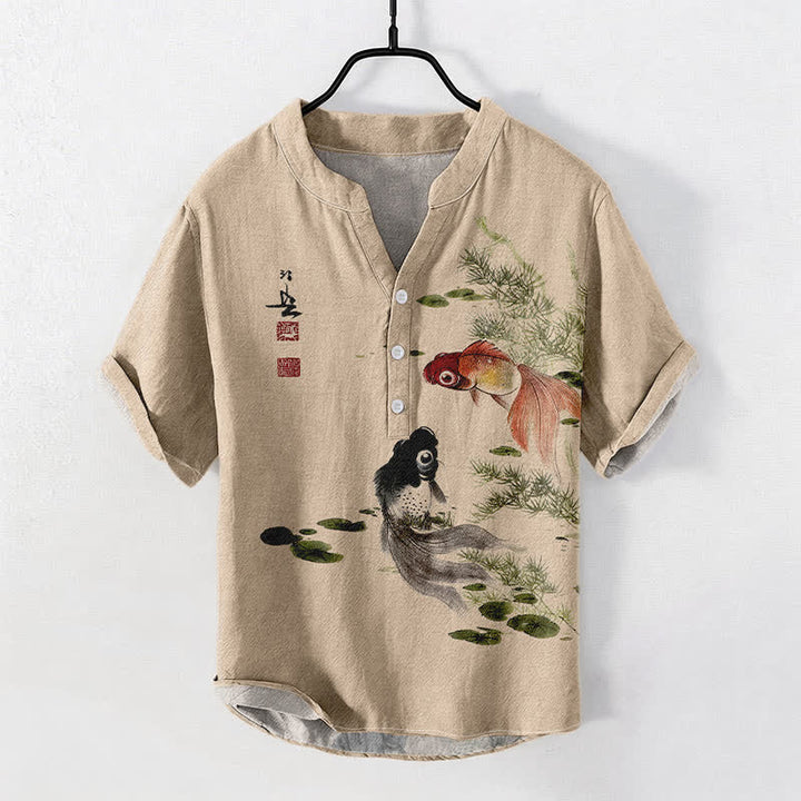 Buddha Stones Herrenhemd aus Baumwolle mit zwei Koi- und Lotusblattmuster, Kurzarm, halbe Knopfleiste - Weizen - US/UK/AU50, EU60 (5XL) - image 3