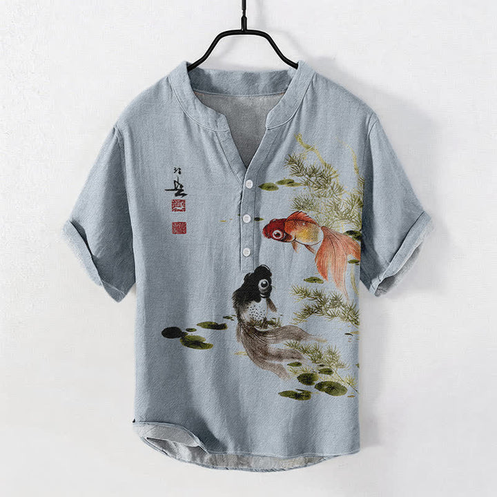 Buddha Stones Herrenhemd aus Baumwolle mit zwei Koi- und Lotusblattmuster, Kurzarm, halbe Knopfleiste - Hellstahlblau - US/UK/AU50, EU60 (5XL) - image 5