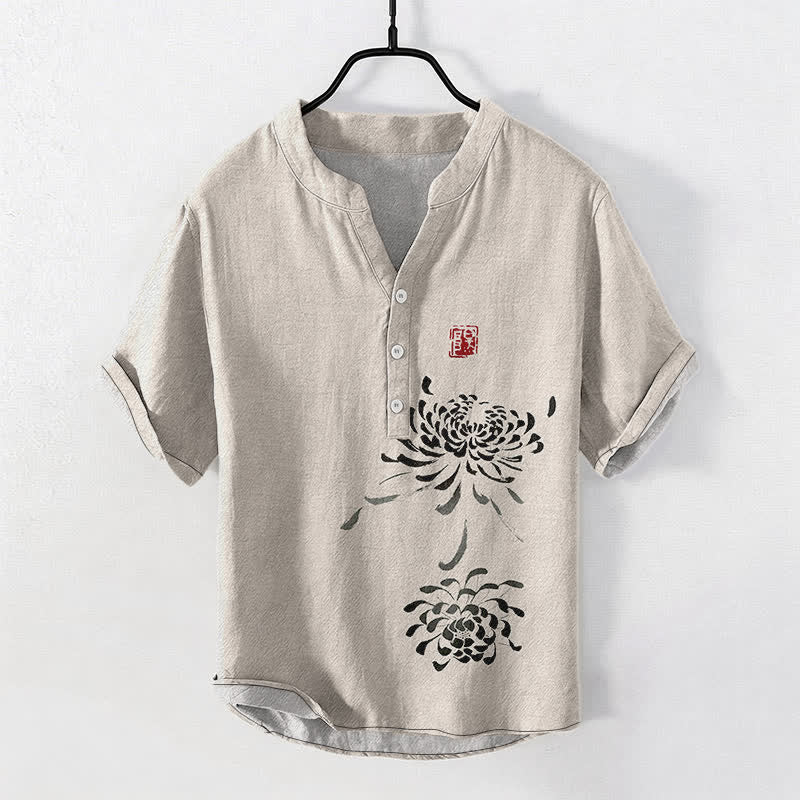 Buddha Stones Kurzarm-Herrenhemd mit halber Knopfleiste und Chrysanthemen-Siegelmuster aus Baumwolle - Leinen - US/UK/AU50, EU60 (5XL) - image 0