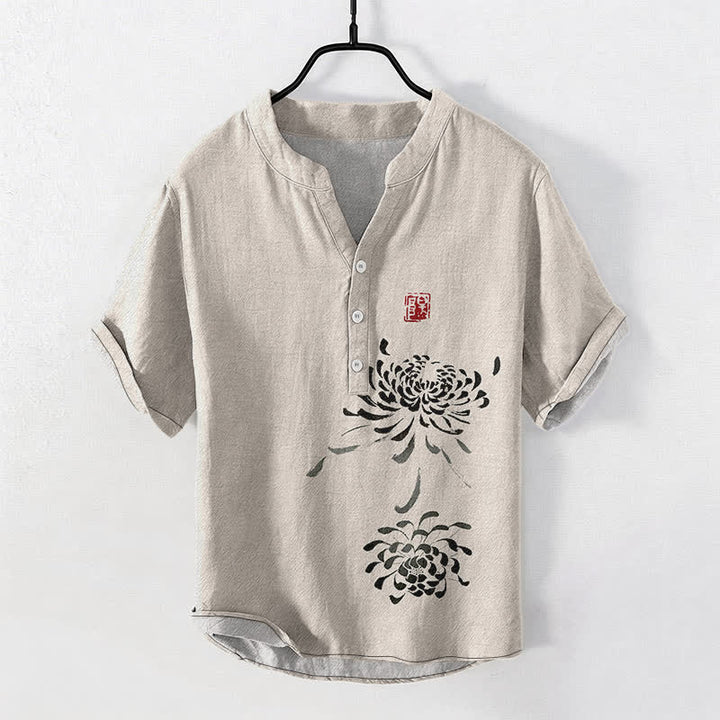 Buddha Stones Kurzarm-Herrenhemd mit halber Knopfleiste und Chrysanthemen-Siegelmuster aus Baumwolle - Leinen - US/UK/AU50, EU60 (5XL) - image 0