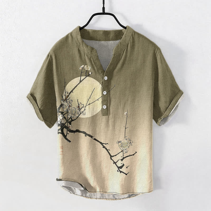 Buddha Stones Kurzarmhemd aus Baumwolle mit Pflaumenblüten- und Mondmuster, Herren, halb geknöpft, Kurzarm, Herrenhemd mit halber Knopfleiste - Olive - US/UK/AU50, EU60 (5XL) - image 0