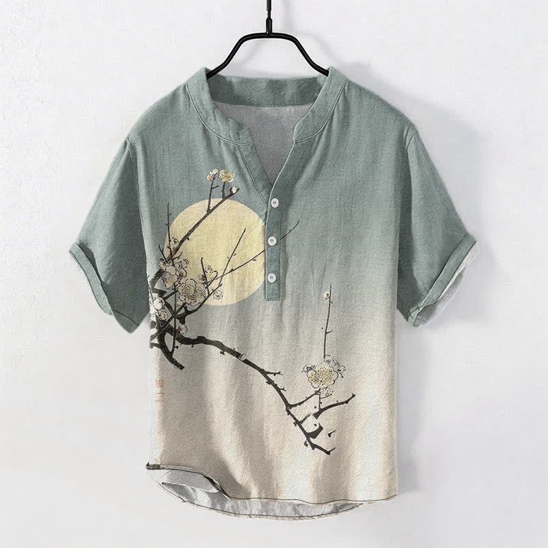 Buddha Stones Kurzarmhemd aus Baumwolle mit Pflaumenblüten- und Mondmuster, Herren, halb geknöpft, Kurzarm, Herrenhemd mit halber Knopfleiste - Kadettenblau - US/UK/AU50, EU60 (5XL) - image 5