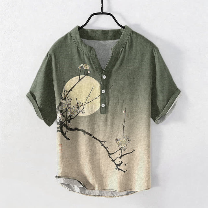 Buddha Stones Kurzarmhemd aus Baumwolle mit Pflaumenblüten- und Mondmuster, Herren, halb geknöpft, Kurzarm, Herrenhemd mit halber Knopfleiste - Dunkelolivgrün - US/UK/AU50, EU60 (5XL) - image 7