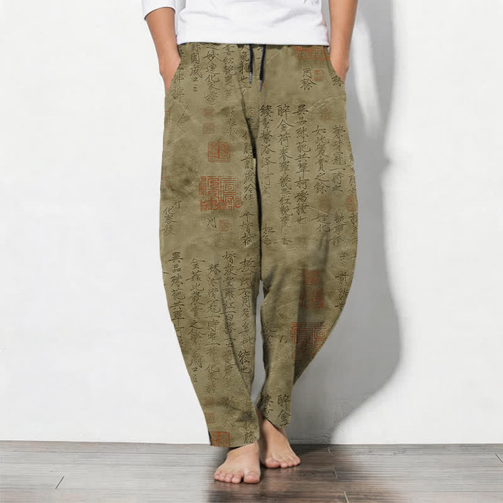 Buddha Stones Herrenhose aus reiner Baumwolle mit Vintage-Kalligrafie-Siegelmuster, Kordelzug, schmal zulaufendem Schnitt und Taschen - Dunkelgoldenrod - US/UK/AU50, EU60 (5XL) - image 0