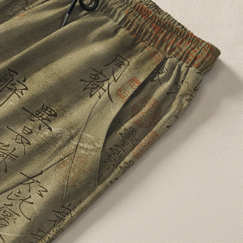 Buddha Stones Herrenhose aus reiner Baumwolle mit Vintage-Kalligrafie-Siegelmuster, Kordelzug, schmal zulaufendem Schnitt und Taschen - image 4