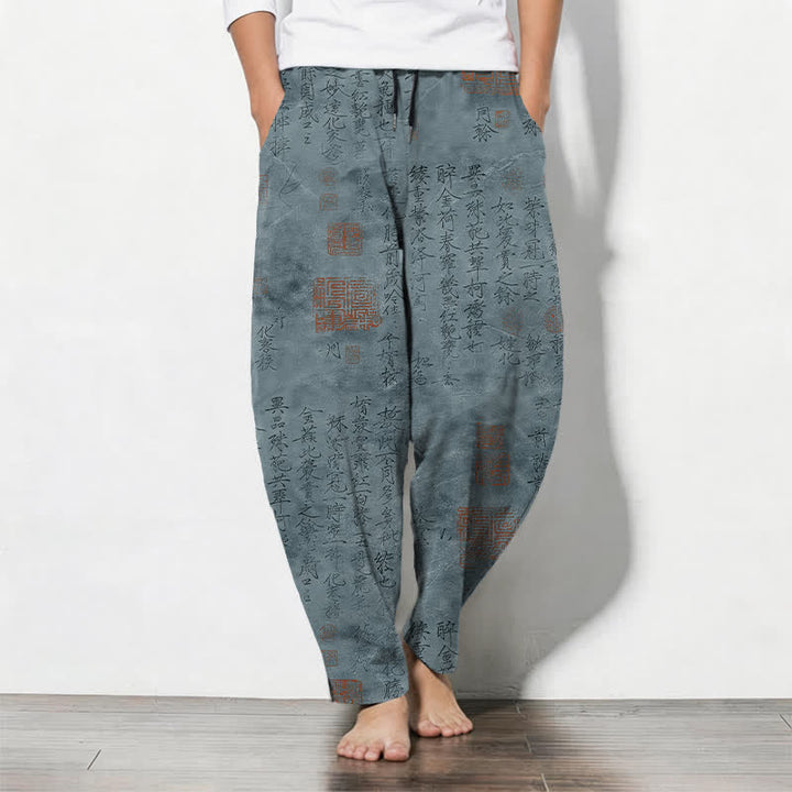 Buddha Stones Herrenhose aus reiner Baumwolle mit Vintage-Kalligrafie-Siegelmuster, Kordelzug, schmal zulaufendem Schnitt und Taschen - Kadettenblau - US/UK/AU50, EU60 (5XL) - image 7