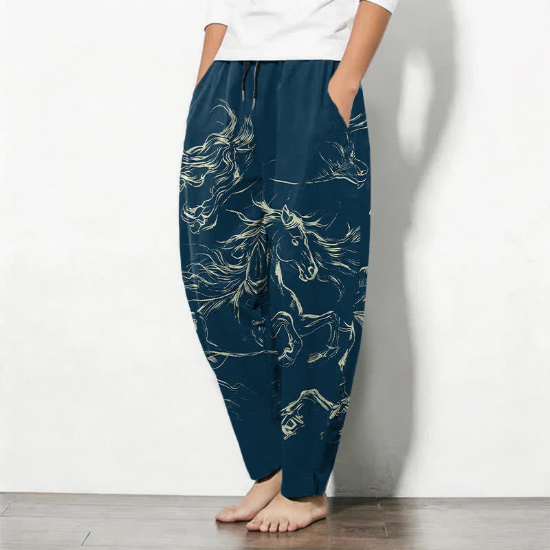Buddha Stones Herrenhose aus reiner Baumwolle mit Kordelzug, schmal zulaufendem Bein und Taschen, Muster mit galoppierendem Pferd (Linienzeichnung) - image 1