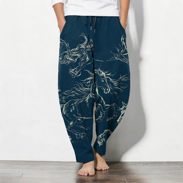 Buddha Stones Herrenhose aus reiner Baumwolle mit Kordelzug, schmal zulaufendem Bein und Taschen, Muster mit galoppierendem Pferd (Linienzeichnung) - Marine - US/UK/AU50, EU60 (5XL) - image 0