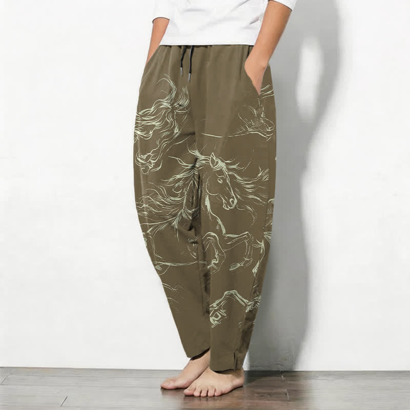 Buddha Stones Herrenhose aus reiner Baumwolle mit Kordelzug, schmal zulaufendem Bein und Taschen, Muster mit galoppierendem Pferd (Linienzeichnung) - image 12