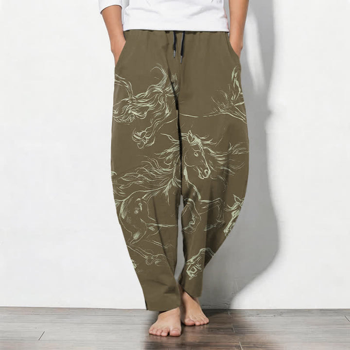 Buddha Stones Herrenhose aus reiner Baumwolle mit Kordelzug, schmal zulaufendem Bein und Taschen, Muster mit galoppierendem Pferd (Linienzeichnung) - Dunkelgoldenrod - US/UK/AU50, EU60 (5XL) - image 11