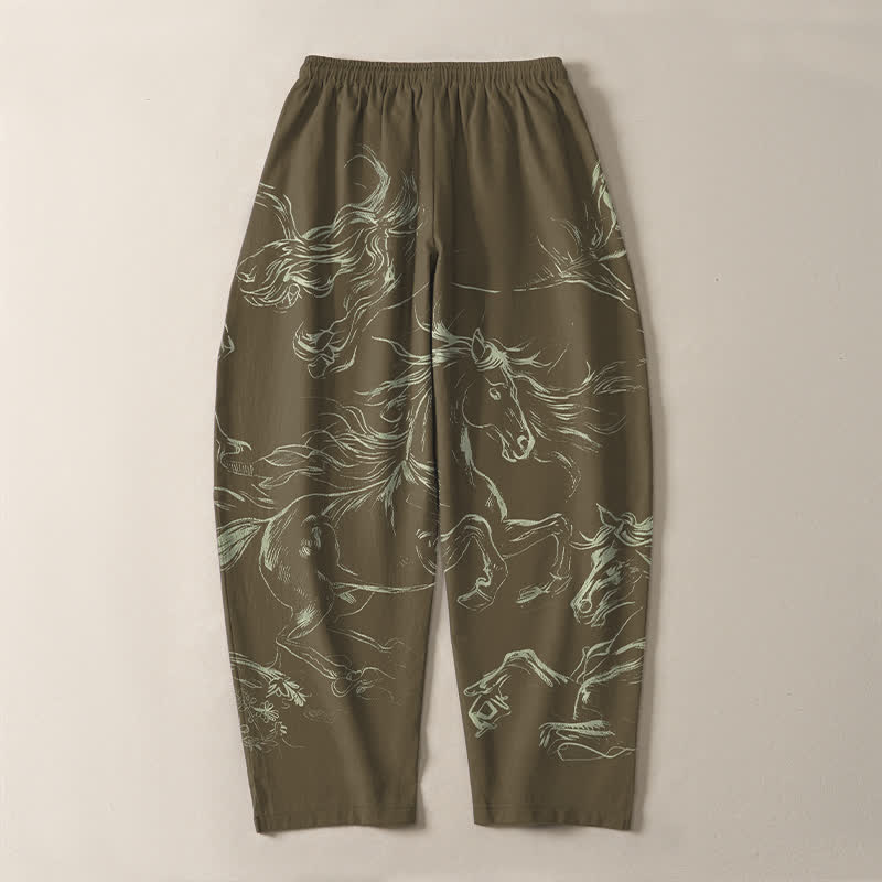 Buddha Stones Herrenhose aus reiner Baumwolle mit Kordelzug, schmal zulaufendem Bein und Taschen, Muster mit galoppierendem Pferd (Linienzeichnung) - image 14