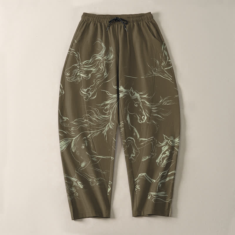 Buddha Stones Herrenhose aus reiner Baumwolle mit Kordelzug, schmal zulaufendem Bein und Taschen, Muster mit galoppierendem Pferd (Linienzeichnung) - image 13