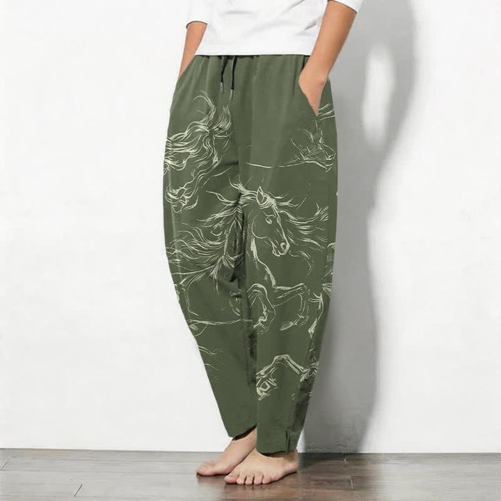 Buddha Stones Herrenhose aus reiner Baumwolle mit Kordelzug, schmal zulaufendem Bein und Taschen, Muster mit galoppierendem Pferd (Linienzeichnung) - image 8