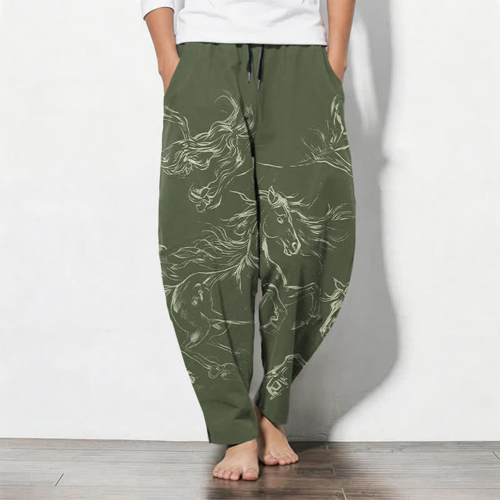 Buddha Stones Herrenhose aus reiner Baumwolle mit Kordelzug, schmal zulaufendem Bein und Taschen, Muster mit galoppierendem Pferd (Linienzeichnung) - Dunkelolivgrün - US/UK/AU50, EU60 (5XL) - image 7