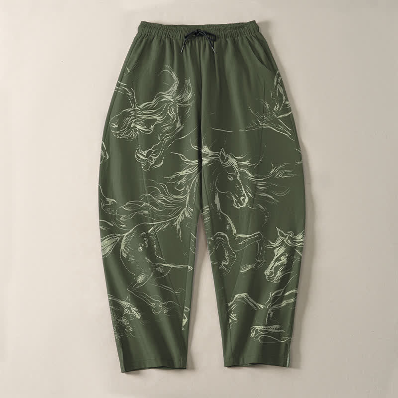 Buddha Stones Herrenhose aus reiner Baumwolle mit Kordelzug, schmal zulaufendem Bein und Taschen, Muster mit galoppierendem Pferd (Linienzeichnung) - image 9