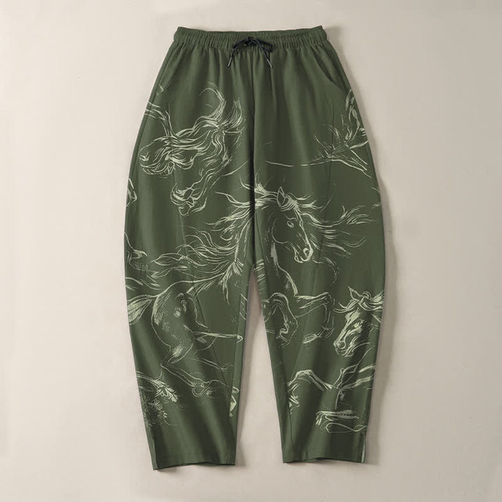 Buddha Stones Herrenhose aus reiner Baumwolle mit Kordelzug, schmal zulaufendem Bein und Taschen, Muster mit galoppierendem Pferd (Linienzeichnung) - image 9