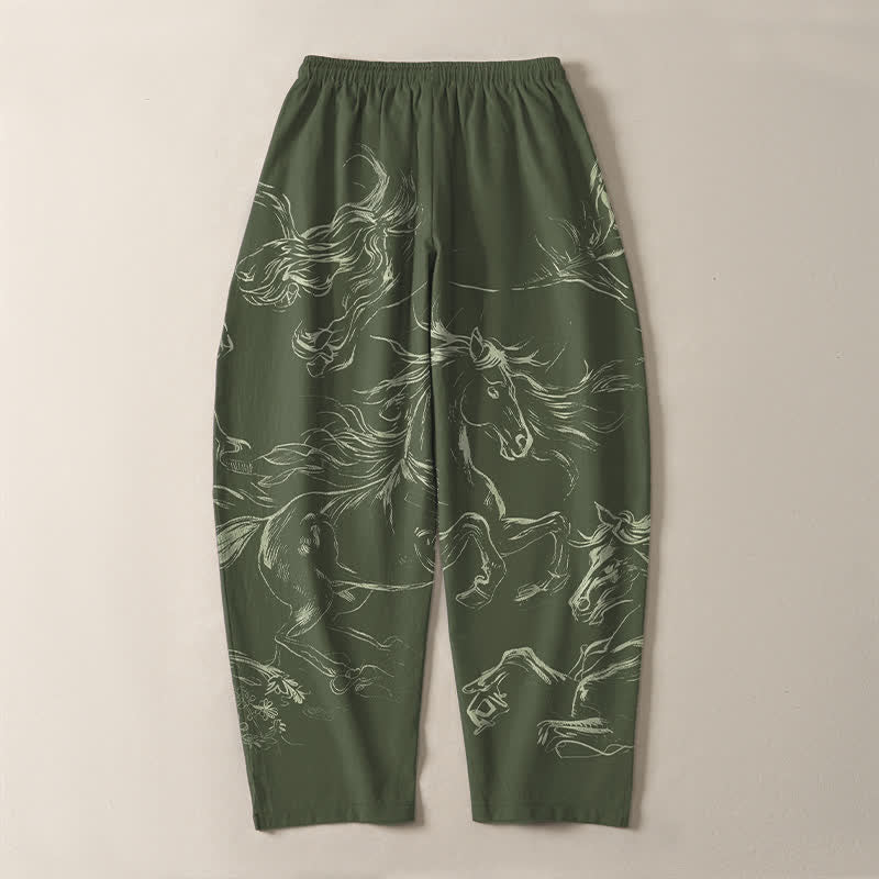 Buddha Stones Herrenhose aus reiner Baumwolle mit Kordelzug, schmal zulaufendem Bein und Taschen, Muster mit galoppierendem Pferd (Linienzeichnung) - image 10
