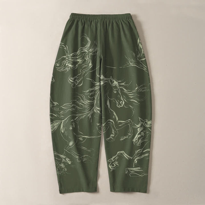 Buddha Stones Herrenhose aus reiner Baumwolle mit Kordelzug, schmal zulaufendem Bein und Taschen, Muster mit galoppierendem Pferd (Linienzeichnung) - image 10
