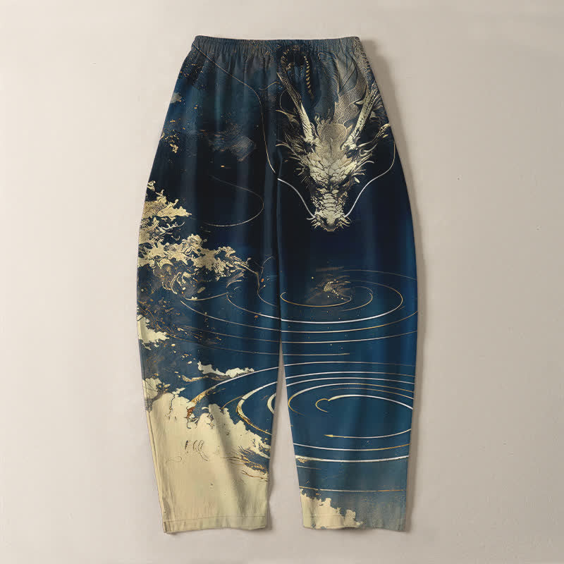Buddha Stones Herrenhose aus reiner Baumwolle mit goldenem Drachenwellenmuster, Kordelzug, schmal zulaufendem Schnitt und Taschen - image 3