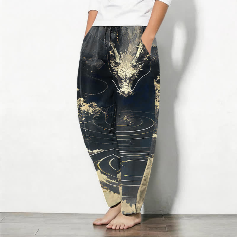 Buddha Stones Herrenhose aus reiner Baumwolle mit goldenem Drachenwellenmuster, Kordelzug, schmal zulaufendem Schnitt und Taschen - image 8