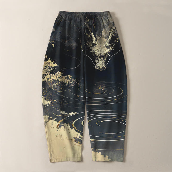 Buddha Stones Herrenhose aus reiner Baumwolle mit goldenem Drachenwellenmuster, Kordelzug, schmal zulaufendem Schnitt und Taschen - image 10