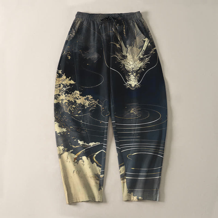 Buddha Stones Herrenhose aus reiner Baumwolle mit goldenem Drachenwellenmuster, Kordelzug, schmal zulaufendem Schnitt und Taschen - image 9