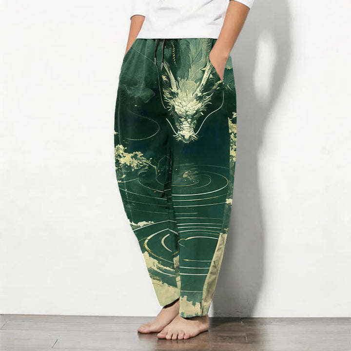 Buddha Stones Herrenhose aus reiner Baumwolle mit goldenem Drachenwellenmuster, Kordelzug, schmal zulaufendem Schnitt und Taschen - image 12