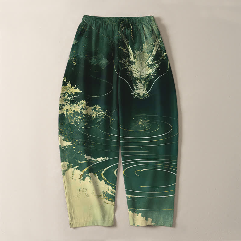 Buddha Stones Herrenhose aus reiner Baumwolle mit goldenem Drachenwellenmuster, Kordelzug, schmal zulaufendem Schnitt und Taschen - image 14