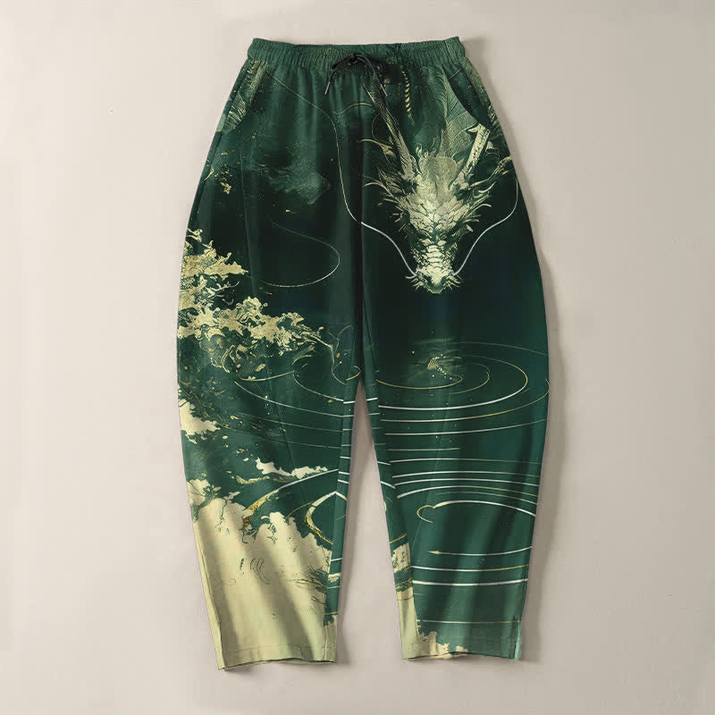 Buddha Stones Herrenhose aus reiner Baumwolle mit goldenem Drachenwellenmuster, Kordelzug, schmal zulaufendem Schnitt und Taschen - image 13