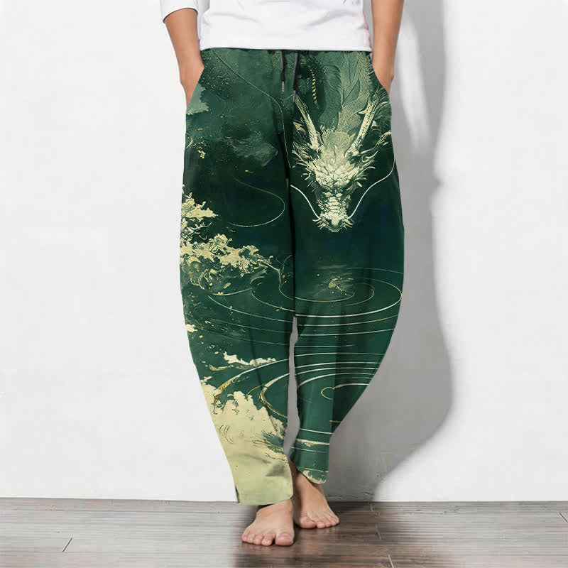 Buddha Stones Herrenhose aus reiner Baumwolle mit goldenem Drachenwellenmuster, Kordelzug, schmal zulaufendem Schnitt und Taschen - Dunkelgrün - US/UK/AU50, EU60 (5XL) - image 11