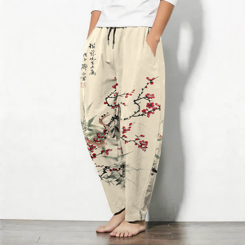 Buddha Stones Herrenhose aus reiner Baumwolle mit Pflaumenblütenmuster, Kordelzug und Taschen - image 1