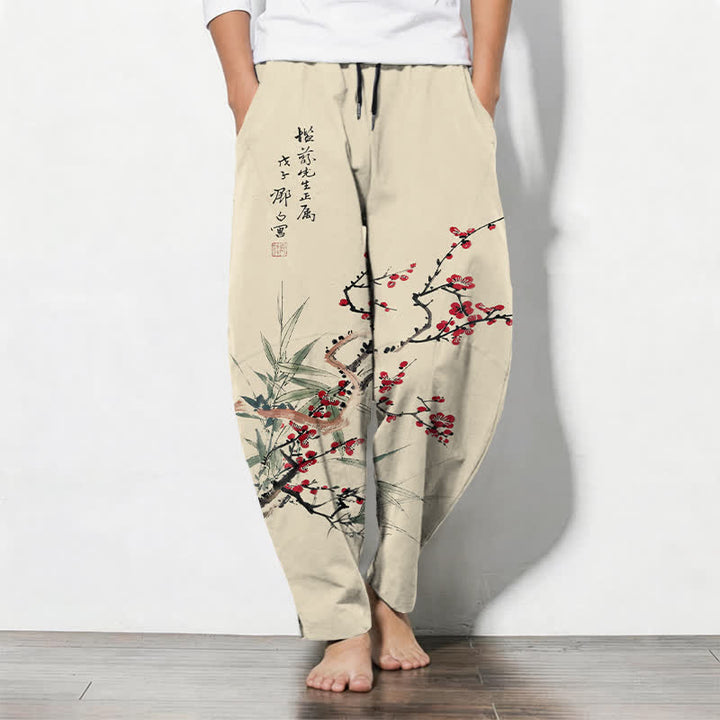Buddha Stones Herrenhose aus reiner Baumwolle mit Pflaumenblütenmuster, Kordelzug und Taschen - Beige - US/UK/AU50, EU60 (5XL) - image 0