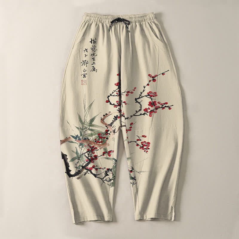Buddha Stones Herrenhose aus reiner Baumwolle mit Pflaumenblütenmuster, Kordelzug und Taschen - image 2