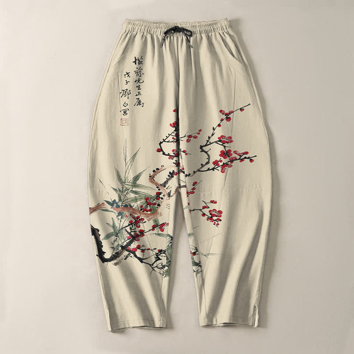 Buddha Stones Herrenhose aus reiner Baumwolle mit Pflaumenblütenmuster, Kordelzug und Taschen - image 2