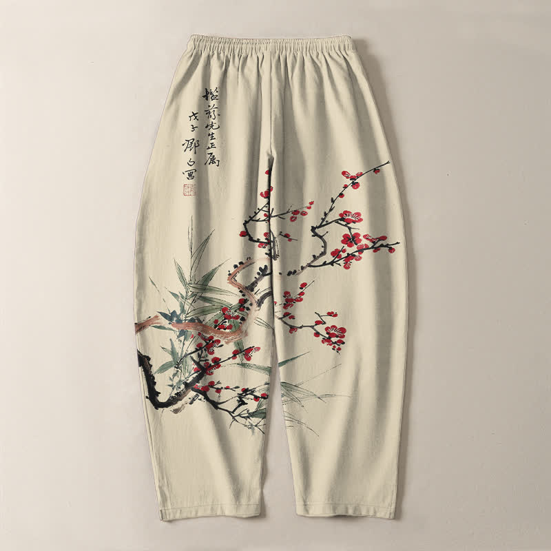 Buddha Stones Herrenhose aus reiner Baumwolle mit Pflaumenblütenmuster, Kordelzug und Taschen - image 3