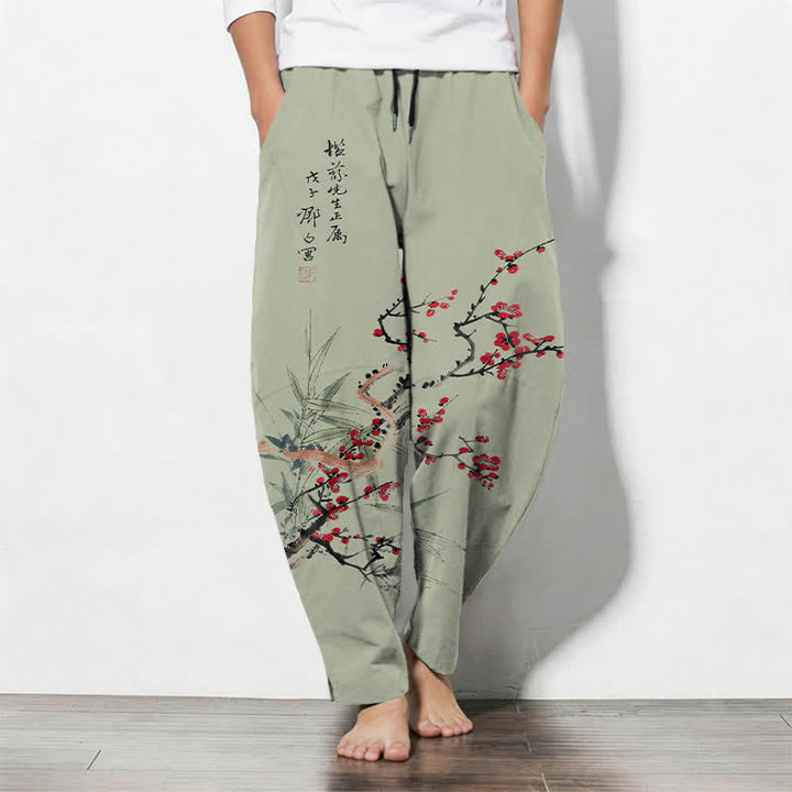 Buddha Stones Herrenhose aus reiner Baumwolle mit Pflaumenblütenmuster, Kordelzug und Taschen - Dunkelmeergrün - US/UK/AU50, EU60 (5XL) - image 7