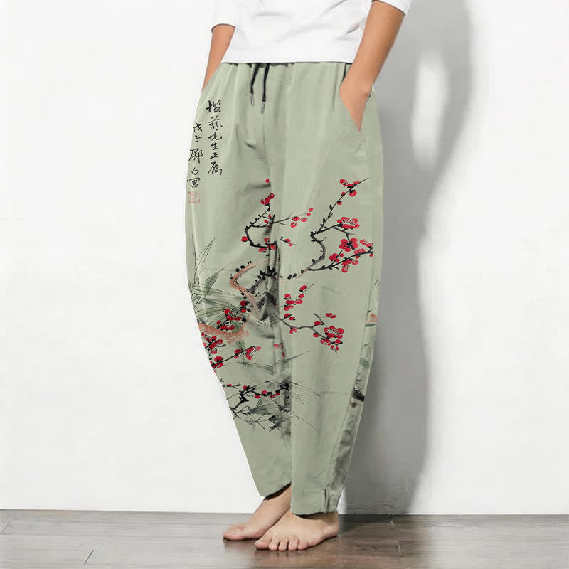 Buddha Stones Herrenhose aus reiner Baumwolle mit Pflaumenblütenmuster, Kordelzug und Taschen - image 8