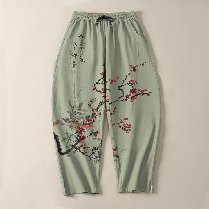 Buddha Stones Herrenhose aus reiner Baumwolle mit Pflaumenblütenmuster, Kordelzug und Taschen - image 9