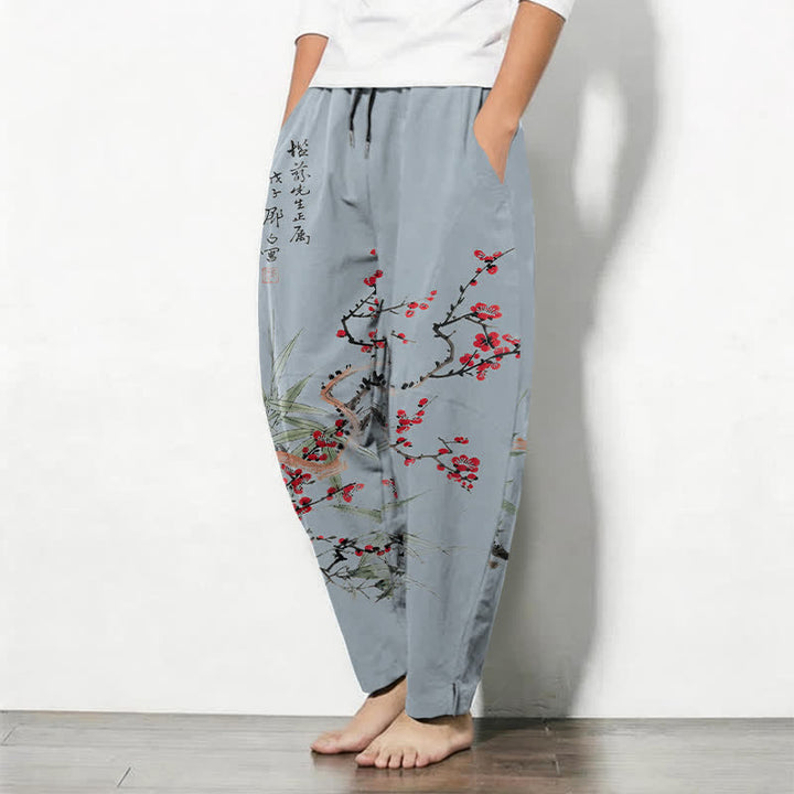 Buddha Stones Herrenhose aus reiner Baumwolle mit Pflaumenblütenmuster, Kordelzug und Taschen - image 12