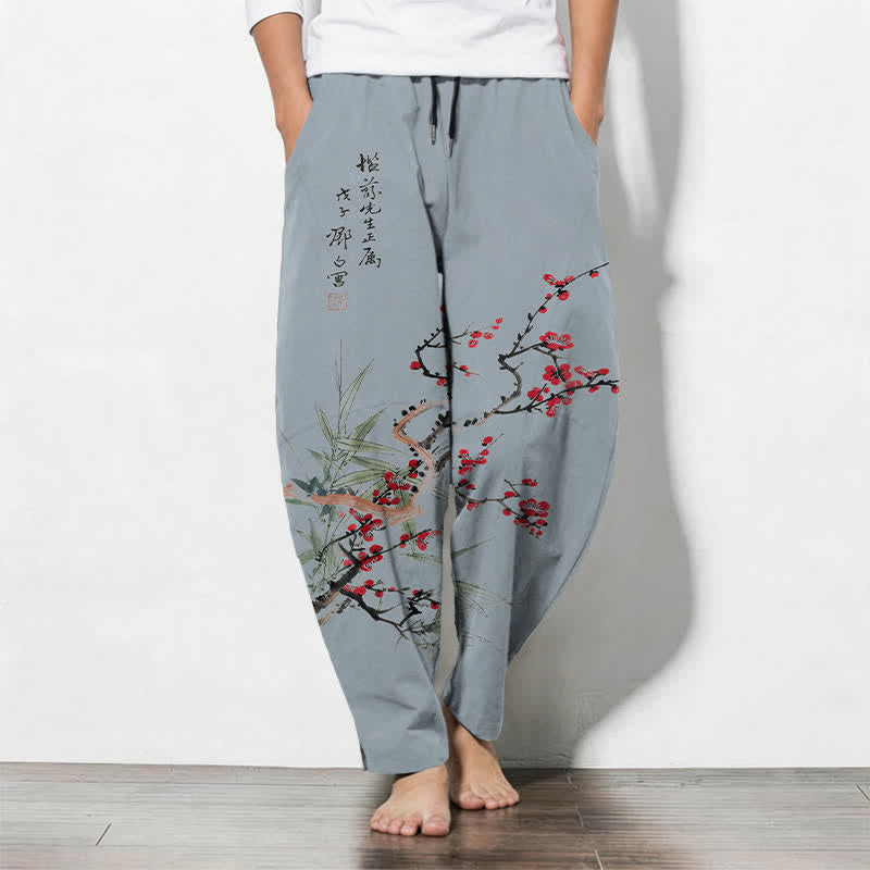 Buddha Stones Herrenhose aus reiner Baumwolle mit Pflaumenblütenmuster, Kordelzug und Taschen - Hellstahlblau - US/UK/AU50, EU60 (5XL) - image 11