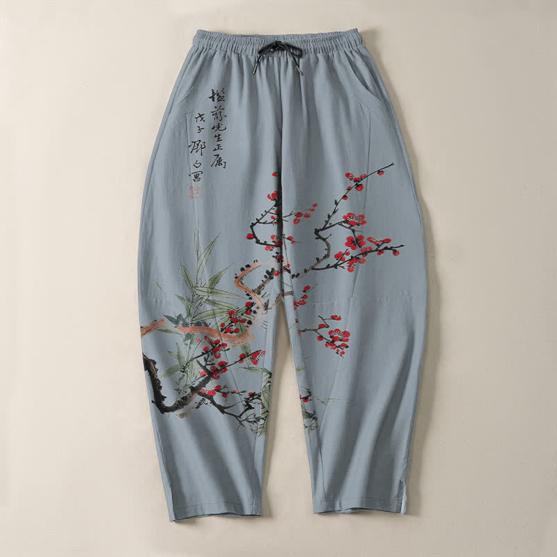 Buddha Stones Herrenhose aus reiner Baumwolle mit Pflaumenblütenmuster, Kordelzug und Taschen - image 13