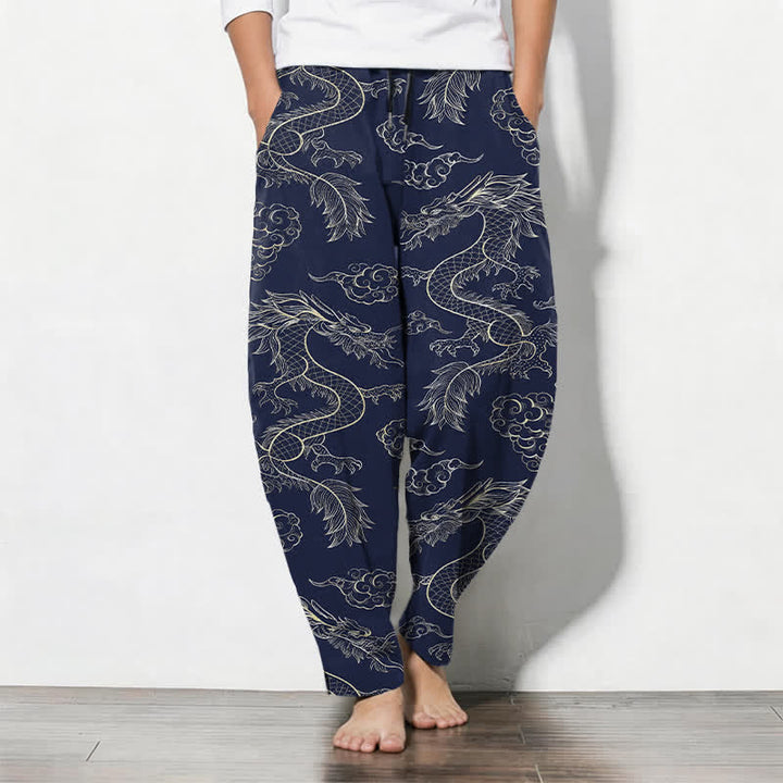 Buddha Stones Herrenhose aus reiner Baumwolle mit orientalischem Drachen- und Wolkenmuster, Kordelzug, schmal zulaufendem Schnitt und Taschen - Marine - US/UK/AU50, EU60 (5XL) - image 0